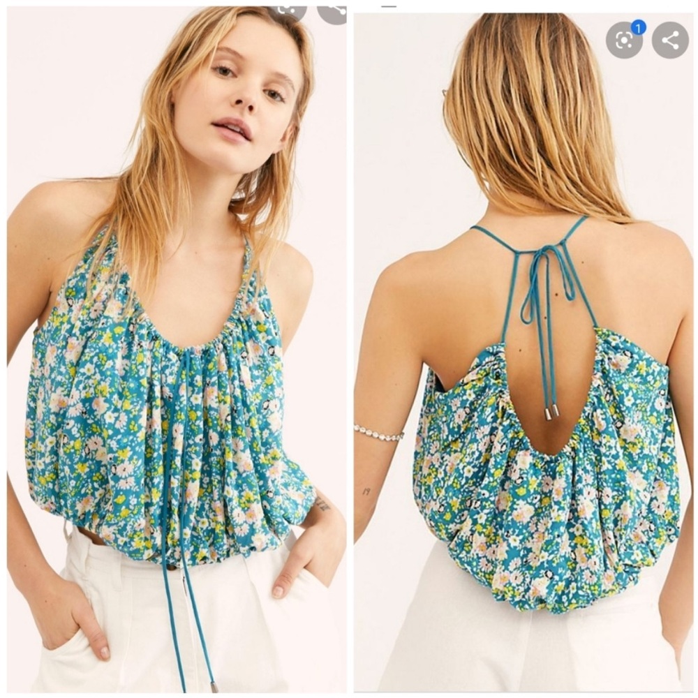 Free People Daisy Babe Floral Print Bubble Crop Top Blue Strappy Tank Size XL